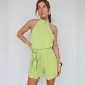 Vestique NWT Lime Lover Romper Pleated Tie Waist Low Back Halter Neck Size L